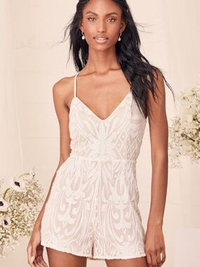 Lulus Catch A Spark White And Beige Sequin Romper - Size L